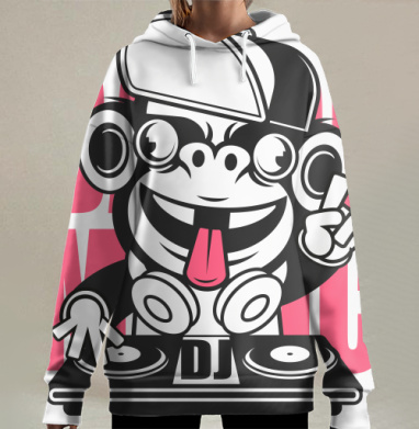 Веселый обезьян-диджей с наушниками и пультом, Hoodie Long Oversize 3D