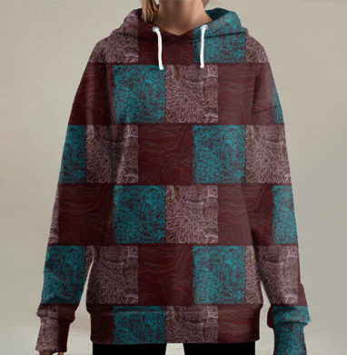Декоративный текстиль с абстрактным узором бордо и бирюза, Hoodie Long Oversize 3D