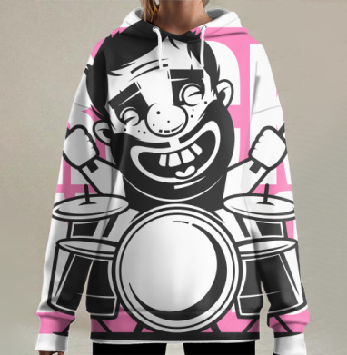 Яркая мультяшная наклейка Барабанщик в розовом фоне, Hoodie Long Oversize 3D