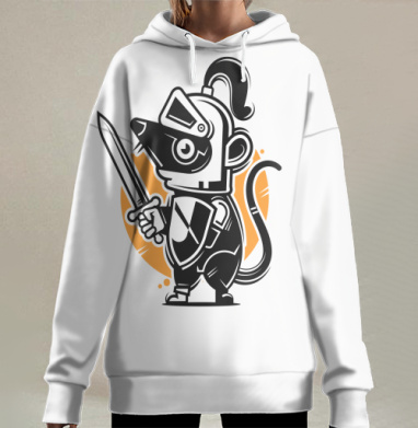 Мышь-рыцарь с мечом: стильный мультяшный арт, Hoodie Long Oversize 3D