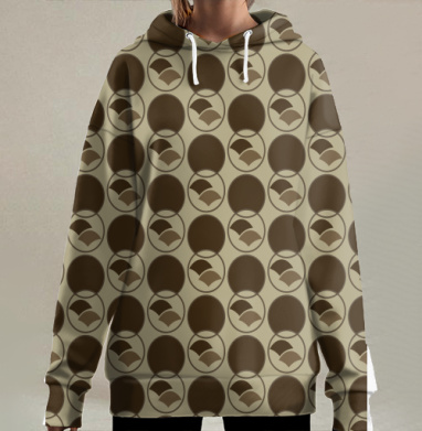 Ретро узор с коричневыми кругами и веерами, Hoodie Long Oversize 3D