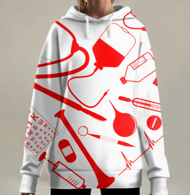 Медицинские инструменты в форме сердца — символ заботы, Hoodie Long Oversize 3D