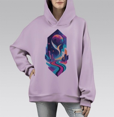 Футуристический синтвейв постер с дорогой в космос, Hoodie Mono Fiolet, оверсайз, утепленная
