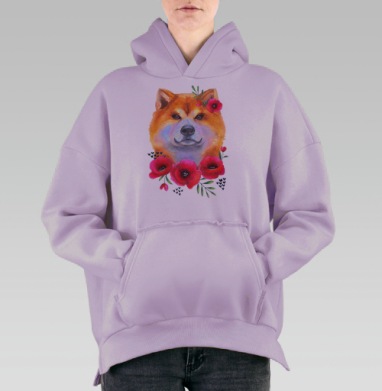 Акварельный портрет сиба-ину с цветами, Hoodie Oversize Fiolet, утепленная