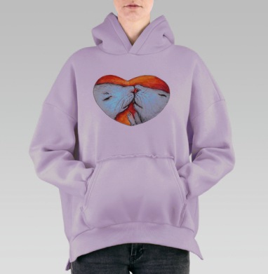 Акварельный поцелуй пушистых зверьков Влюбленные мышки сердце, Hoodie Oversize Fiolet, утепленная