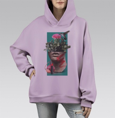 Цветущий сад в античной скульптуре с колибри, Hoodie Mono Fiolet, оверсайз, утепленная