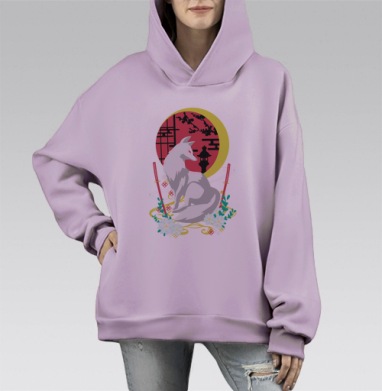 Белая Лиса с Катаной и Японским Садом в Вечернем Свете, Hoodie Mono Fiolet, оверсайз, утепленная