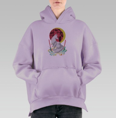 Белая Лиса с Катаной и Японским Садом в Вечернем Свете, Hoodie Oversize Fiolet, утепленная