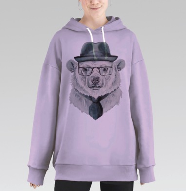 Стильный портрет белого медведя в шляпе и очках, Hoodie Long Oversize Fiolet