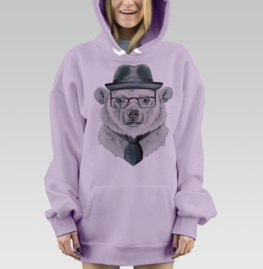 Стильный портрет белого медведя в шляпе и очках, Hoodie Mjhigh Dig Mel, Fiolet, утепленная