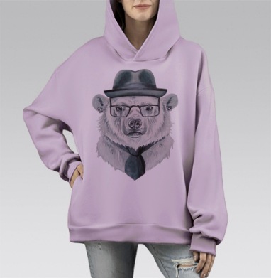Стильный портрет белого медведя в шляпе и очках, Hoodie Mono Fiolet, оверсайз, утепленная