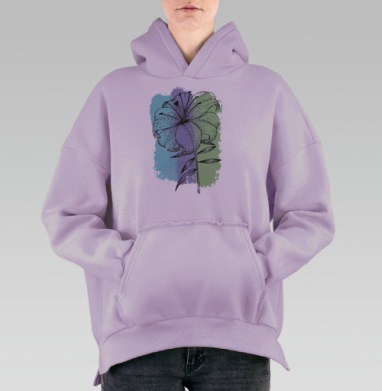 Стилизованная лилия с акварельным фоном, Hoodie Oversize Fiolet, утепленная