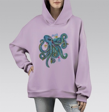 Яркий осьминог с неоновыми пятнами краски, Hoodie Mono Fiolet, оверсайз, утепленная