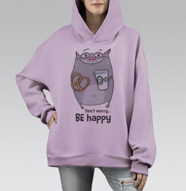 Будь счастлив с серым котом, Hoodie Mono Fiolet, оверсайз, утепленная