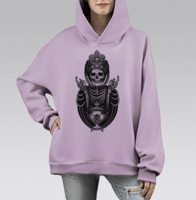 Скелет в кокошнике с жемчугом и самоваром, Hoodie Mono Fiolet, оверсайз, утепленная