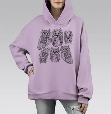 Черно-белые рисованые совы, Hoodie Mono Fiolet, оверсайз, утепленная