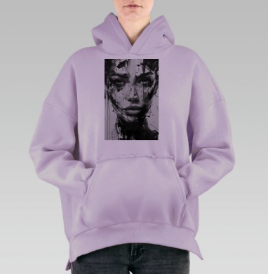 Черно белое лицо женщины в урбанистическом выражении, Hoodie Oversize Fiolet, утепленная