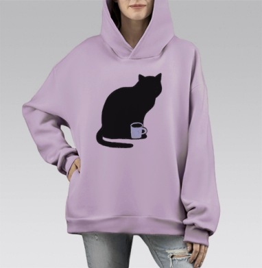 Кошка с кружкой: уют и спокойствие в доме, Hoodie Mono Fiolet, оверсайз, утепленная