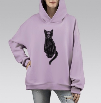 Графичное изображение кошки с черепом – мистический дизайн, Hoodie Mono Fiolet, оверсайз, утепленная