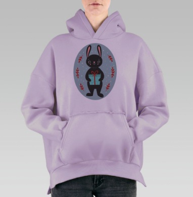 Чёрный кролик с праздничным подарком — зимняя сказка, Hoodie Oversize Fiolet, утепленная