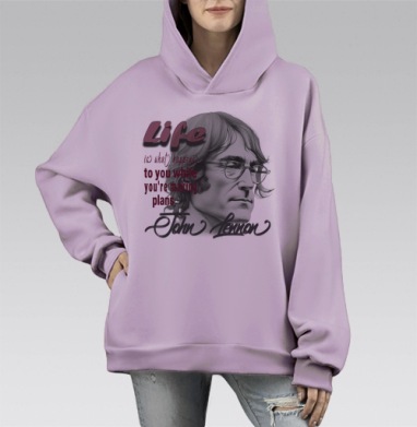Цитата Джона Леннона вдохновляющая жить настоящим временем, Hoodie Mono Fiolet, оверсайз, утепленная