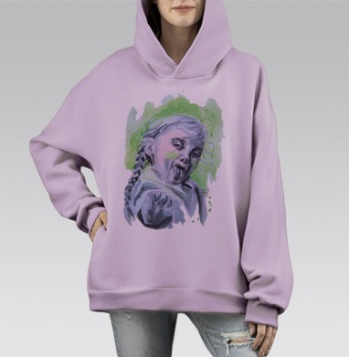 Озорная девочка с косами в динамике, Hoodie Mono Fiolet, оверсайз, утепленная