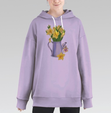 Весенняя композиция: желтые нарциссы в лейке с сердцем, Hoodie Long Oversize Fiolet