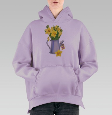 Весенняя композиция: желтые нарциссы в лейке с сердцем, Hoodie Oversize Fiolet, утепленная