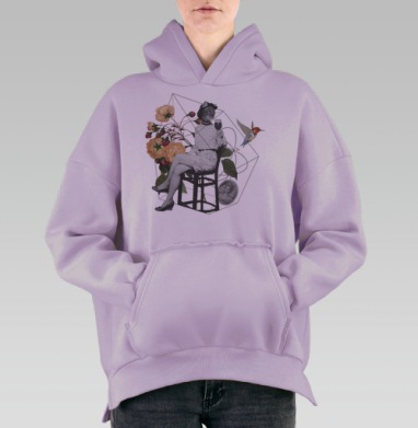 Женщина с головой кошки и вином в сюрреализме, Hoodie Oversize Fiolet, утепленная