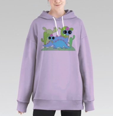 Нежные кавайные динозаврики с кактусами, Hoodie Long Oversize Fiolet