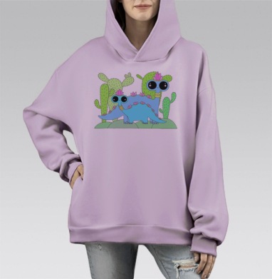 Нежные кавайные динозаврики с кактусами, Hoodie Mono Fiolet, оверсайз, утепленная