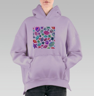 Паттерн с морскими ракушками и звездами в акварели, Hoodie Oversize Fiolet, утепленная