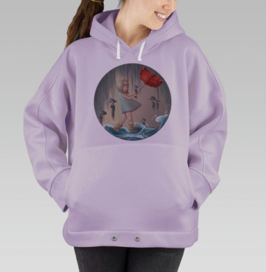 Девушка в бурю с ярким красным зонтом и жёлтыми сапогами, Hoodie Oversize Fiolet