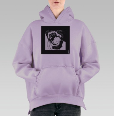 Пасть хищника с обнимающей рукой в черно-белом стиле, Hoodie Oversize Fiolet, утепленная