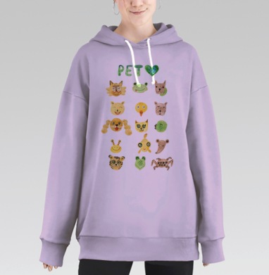 Веселые мордочки домашних питомцев с зеленым сердцем, Hoodie Long Oversize Fiolet