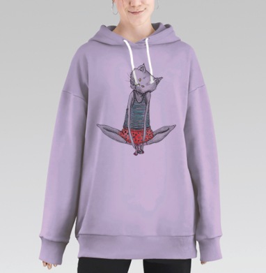 Кошка в позе бабочки с полосатой майкой, Hoodie Long Oversize Fiolet