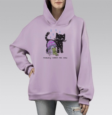 Дружелюбный кот и лягушка под грибом в дождь, Hoodie Mono Fiolet, оверсайз, утепленная