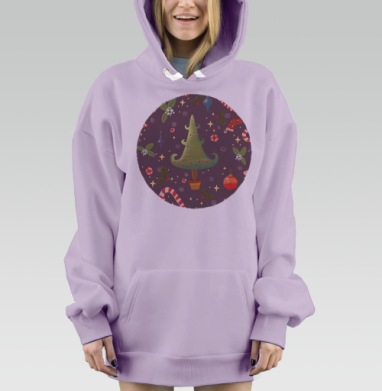 Праздничный рождественский паттерн с елкой и игрушками, Hoodie Mjhigh Dig Mel, Fiolet, утепленная