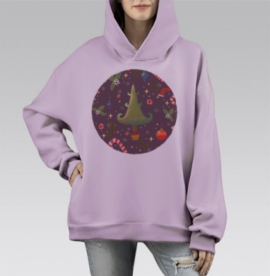 Праздничный рождественский паттерн с елкой и игрушками, Hoodie Mono Fiolet, оверсайз, утепленная