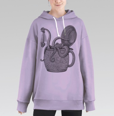 Осьминог с рыбным скелетом в кружке, Hoodie Long Oversize Fiolet