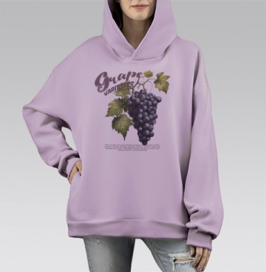Фиолетовый виноград и зелёные листья на сером фоне, Hoodie Mono Fiolet, оверсайз, утепленная