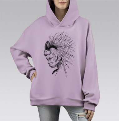 Голова с кроликом и шипами силы, Hoodie Mono Fiolet, оверсайз, утепленная