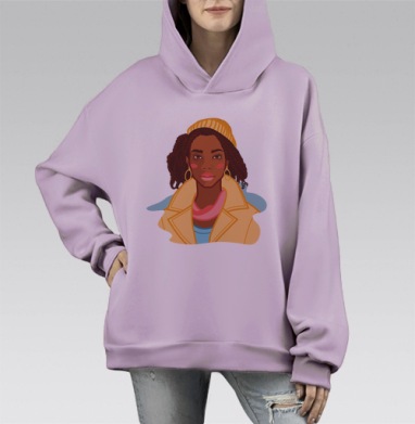 Женщина в оранжевой шапке и бежевом тренче образ женщины, Hoodie Mono Fiolet, оверсайз, утепленная