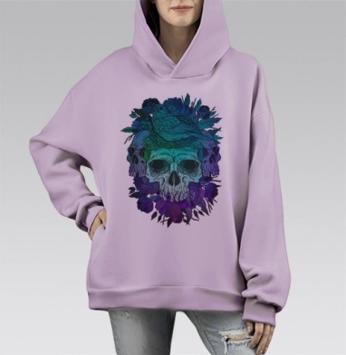 Череп с птичьим гнездом и цветами, Hoodie Mono Fiolet, оверсайз, утепленная