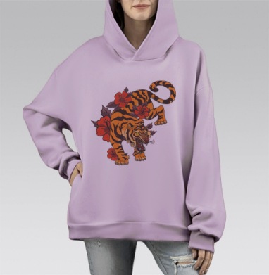 Тигр в агрессивной позе с красными цветами, Hoodie Mono Fiolet, оверсайз, утепленная