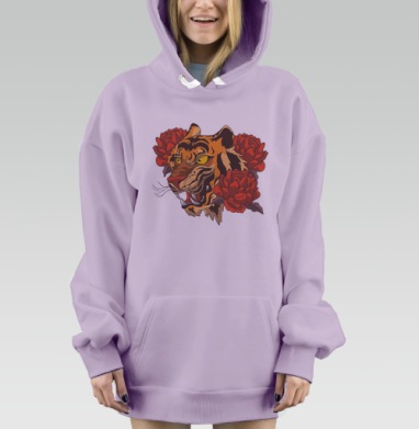 Яростный тигр с красными цветами – символ силы и красоты, Hoodie Mjhigh Dig Mel, Fiolet, утепленная