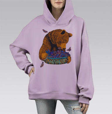 Гризли и бабочки, Hoodie Mono Fiolet, оверсайз, утепленная