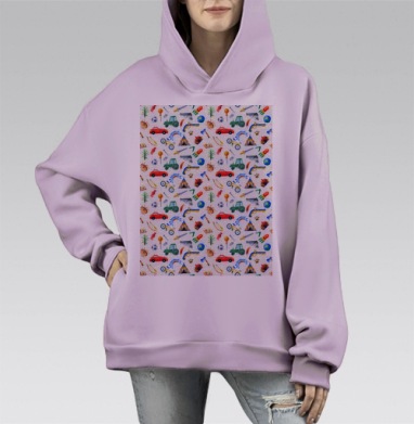 Детский акварельный паттерн приключений и игр, Hoodie Mono Fiolet, оверсайз, утепленная