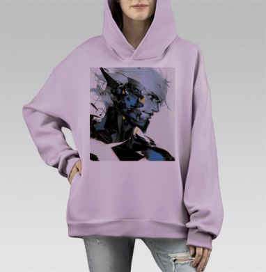 Кибернетическое слияние человека и робота в синих тонах, Hoodie Mono Fiolet, оверсайз, утепленная