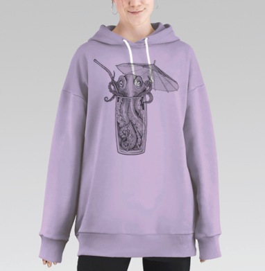Осьминог в стакане с коктейлем в стиле гравюры, Hoodie Long Oversize Fiolet